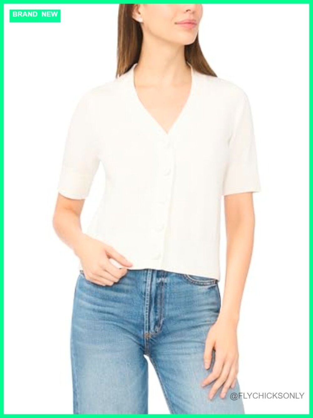 Short Sleeve Button Front Cardigan V-Neck Self Covered Buttons Knit Layer